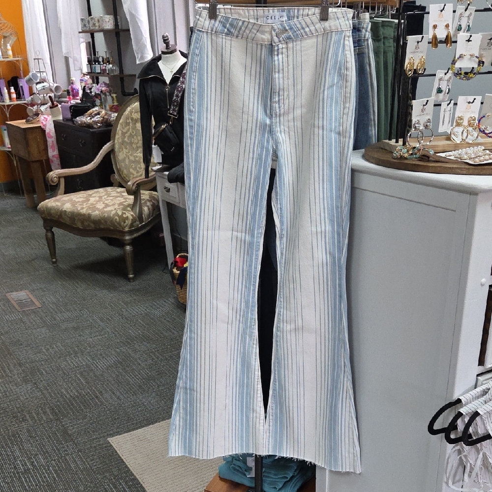 Cello Blue and White Striped Boot Cut Pants